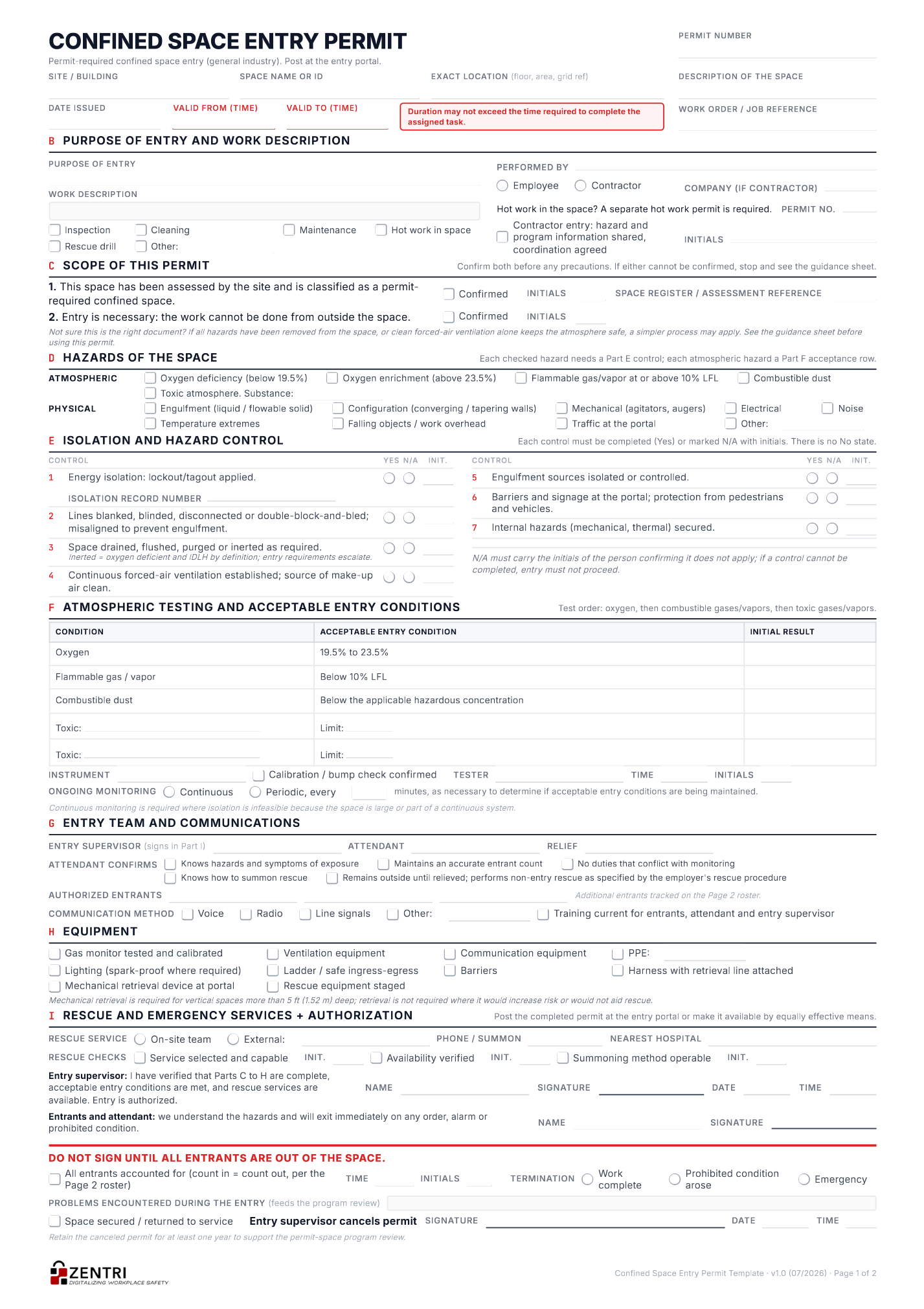 Confined space entry permit, working page one