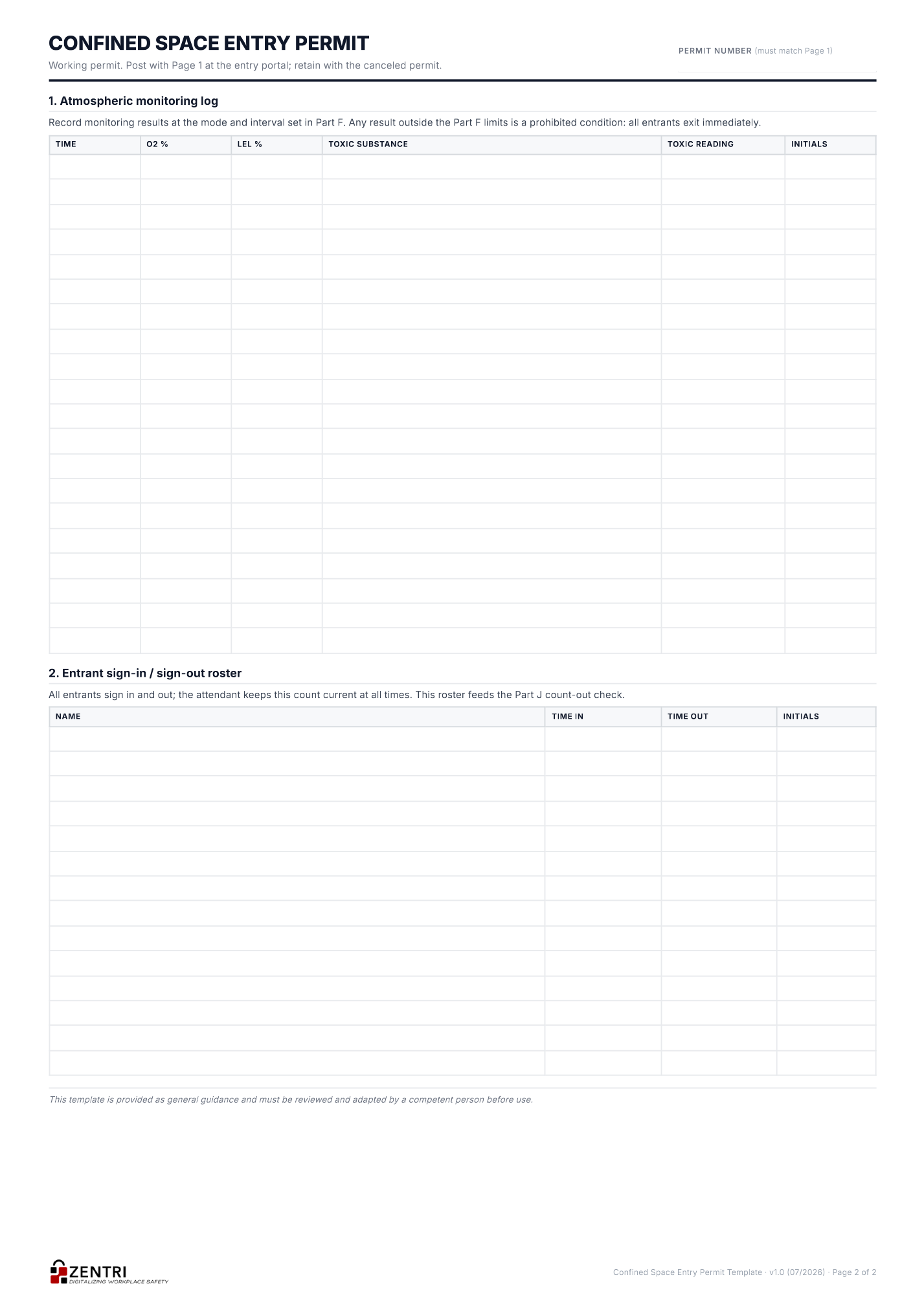 Confined space entry permit template, monitoring log and entrant roster