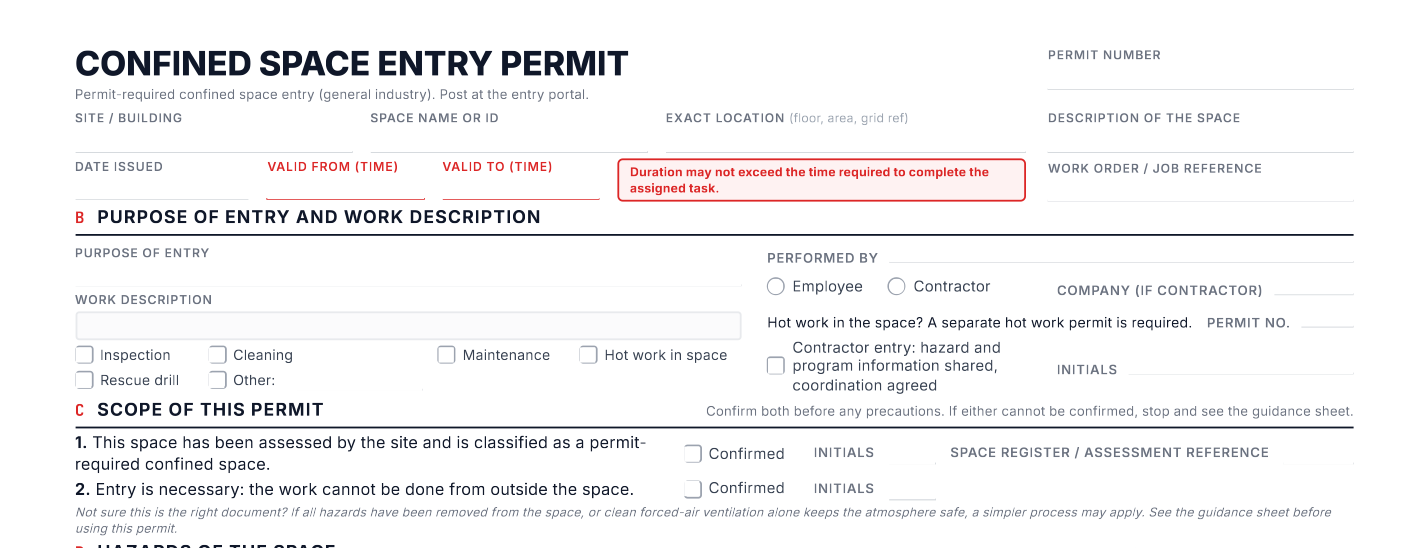 Parts A to C of the confined space entry permit