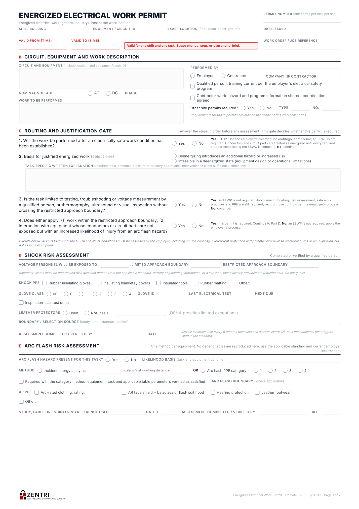 Energized electrical work permit, working page one