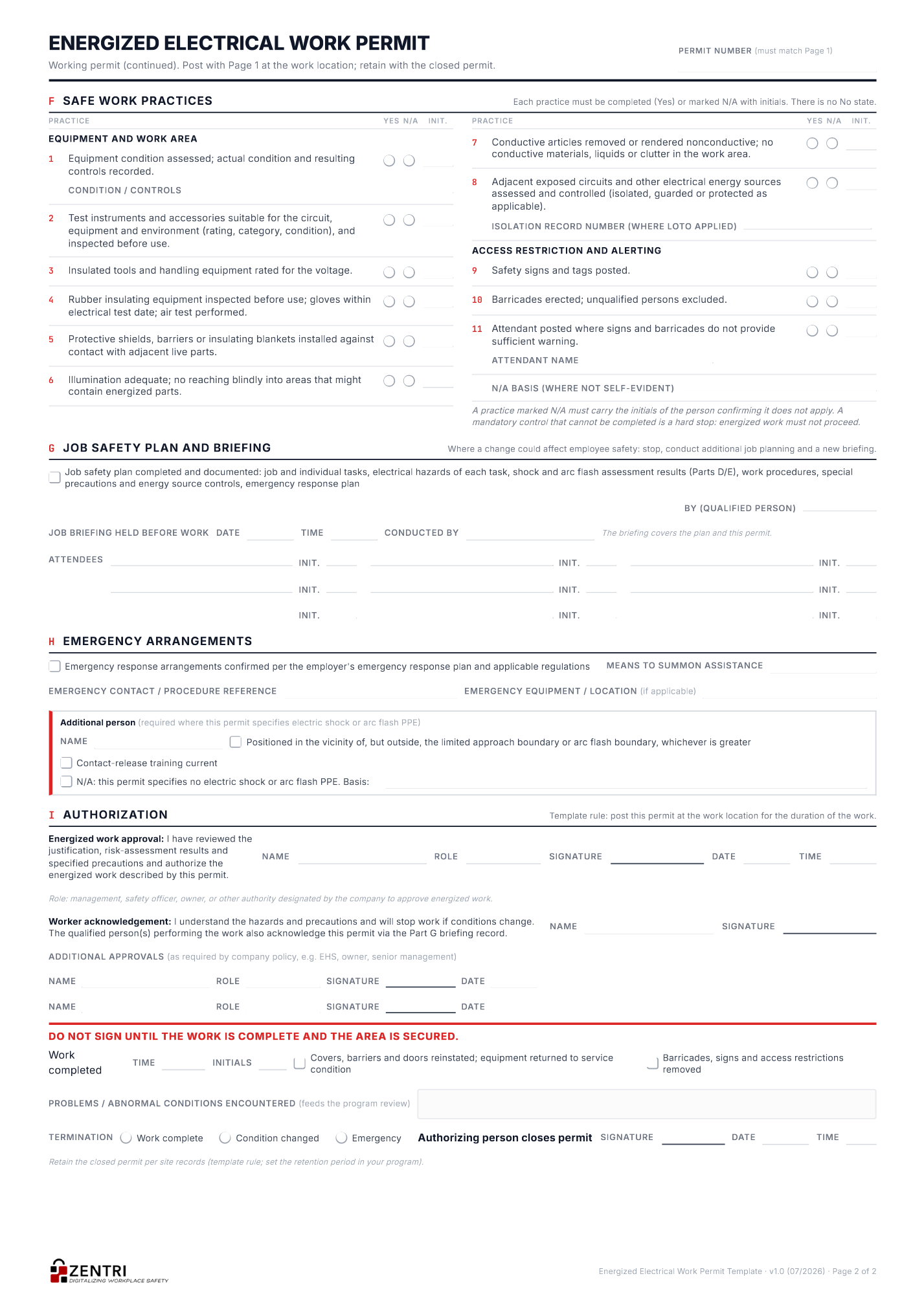 Energized electrical work permit template, working page two