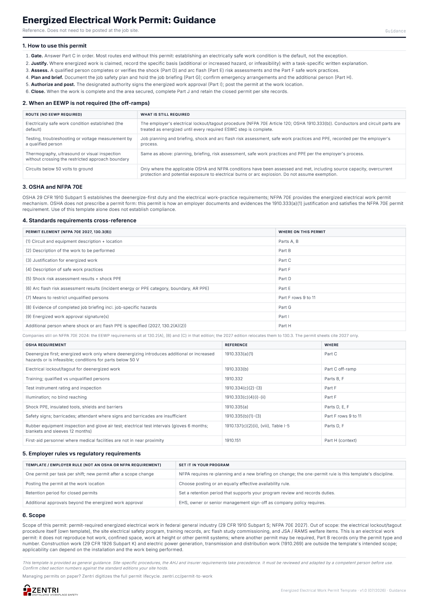 Energized electrical work permit template, guidance page