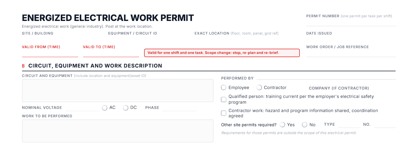 Parts A and B of the energized electrical work permit