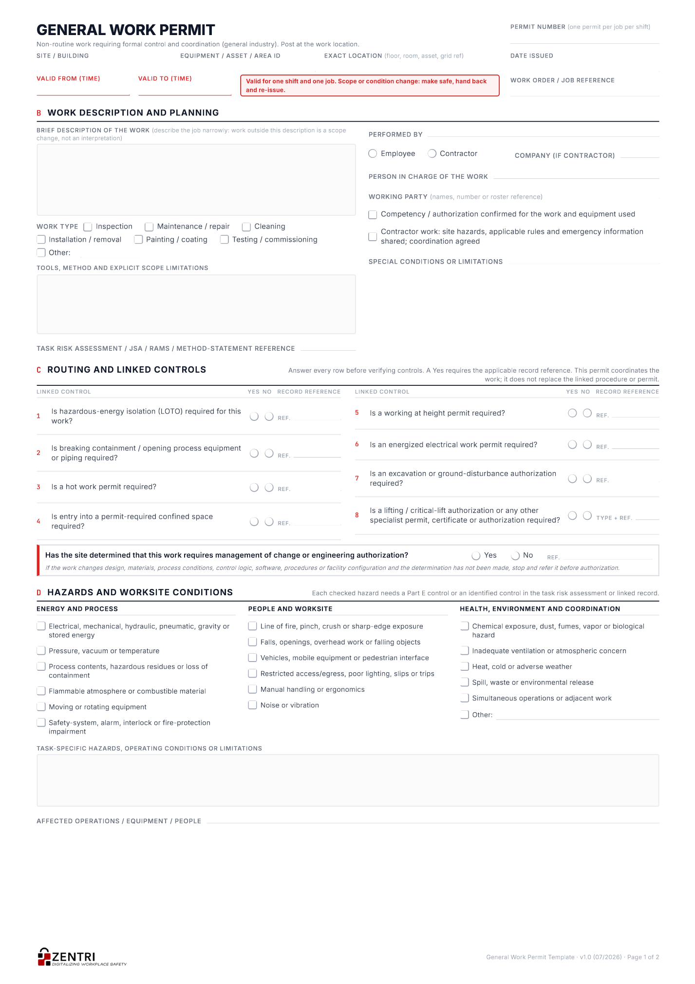 General work permit, working page one