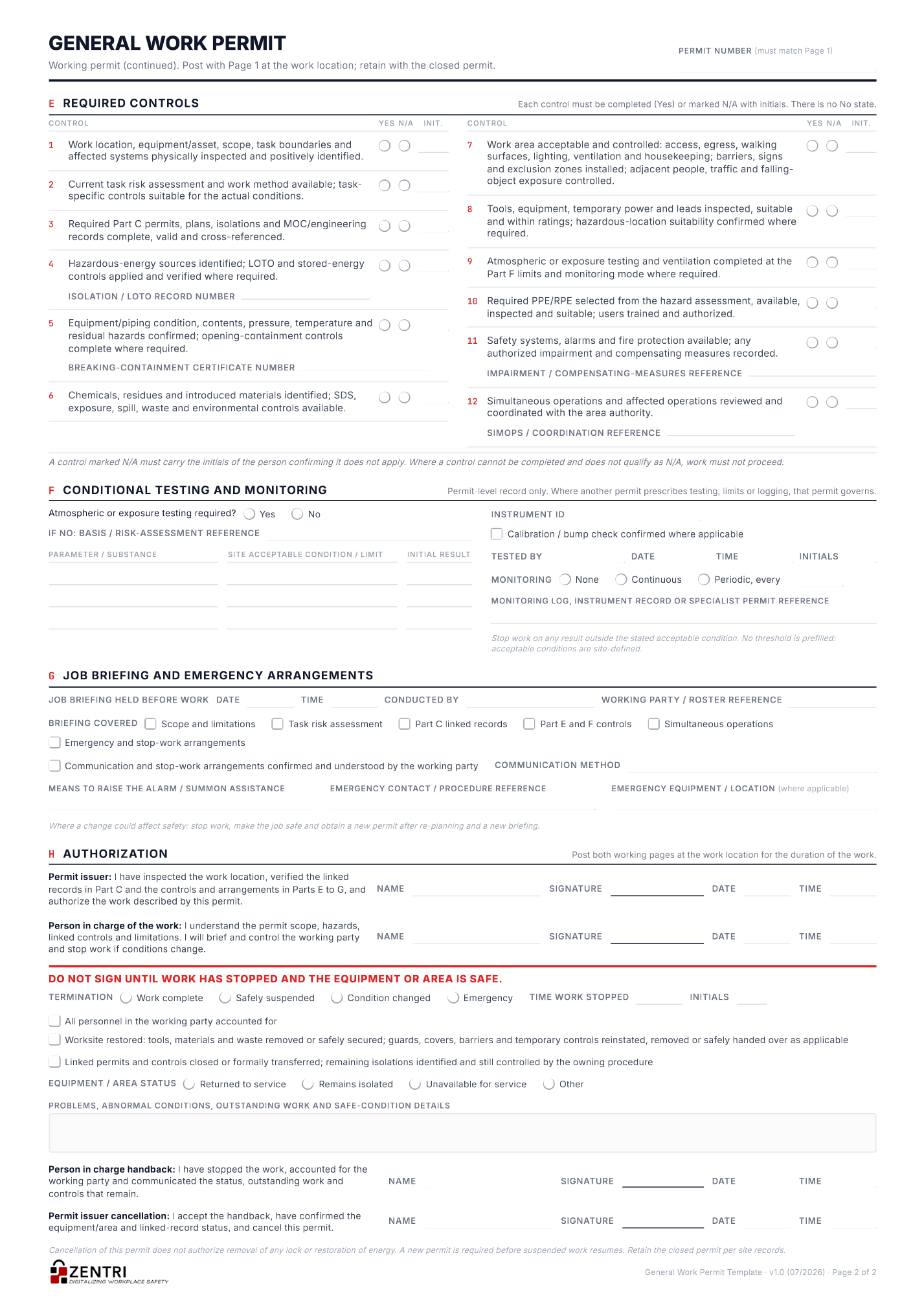 General work permit template, working page two