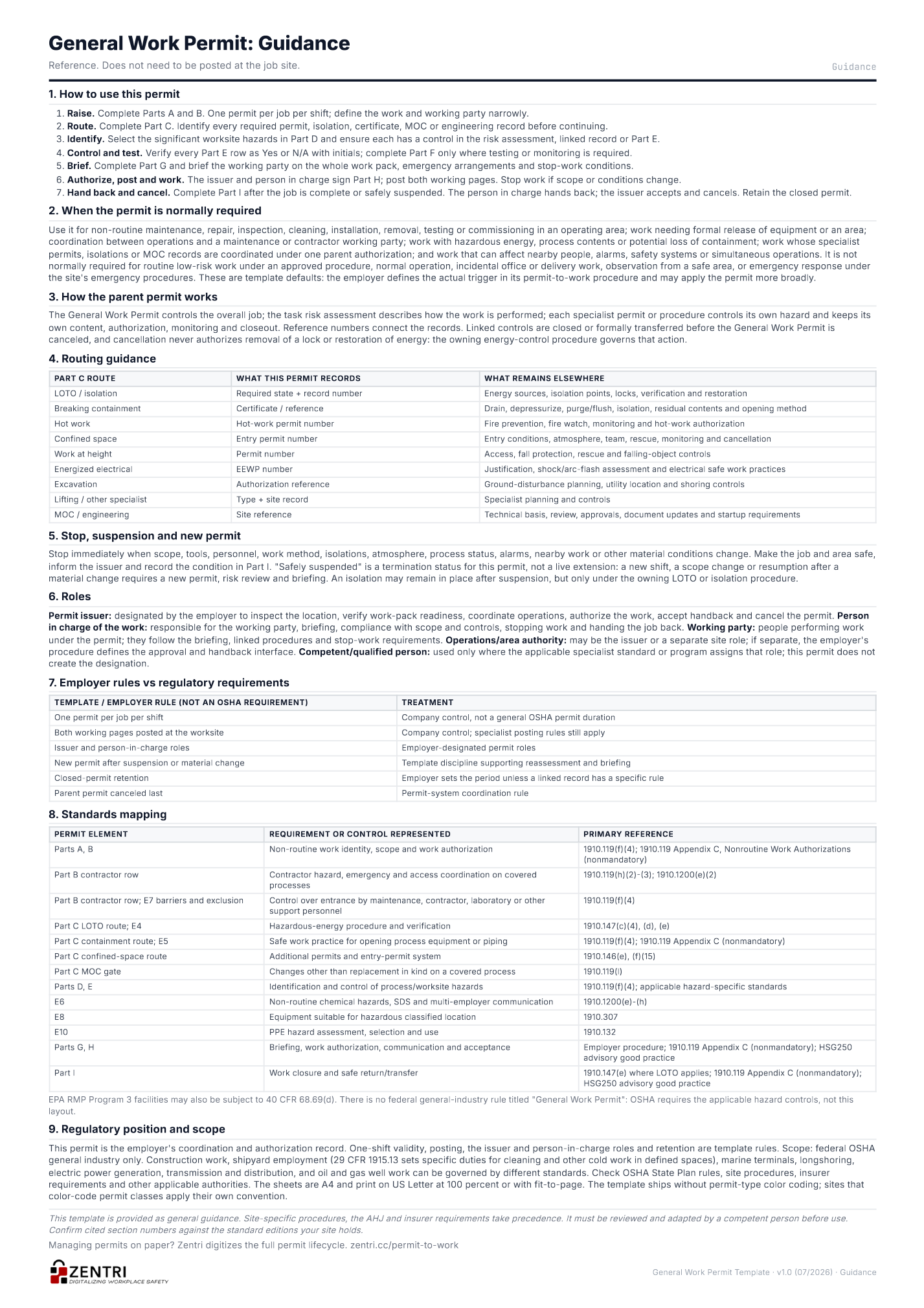 General work permit template, guidance page