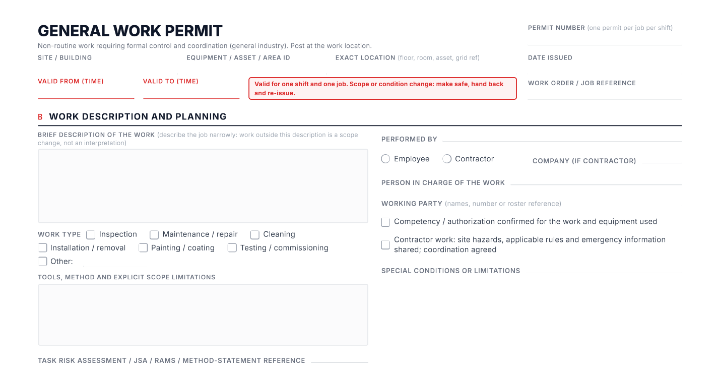 Parts A and B of the general work permit