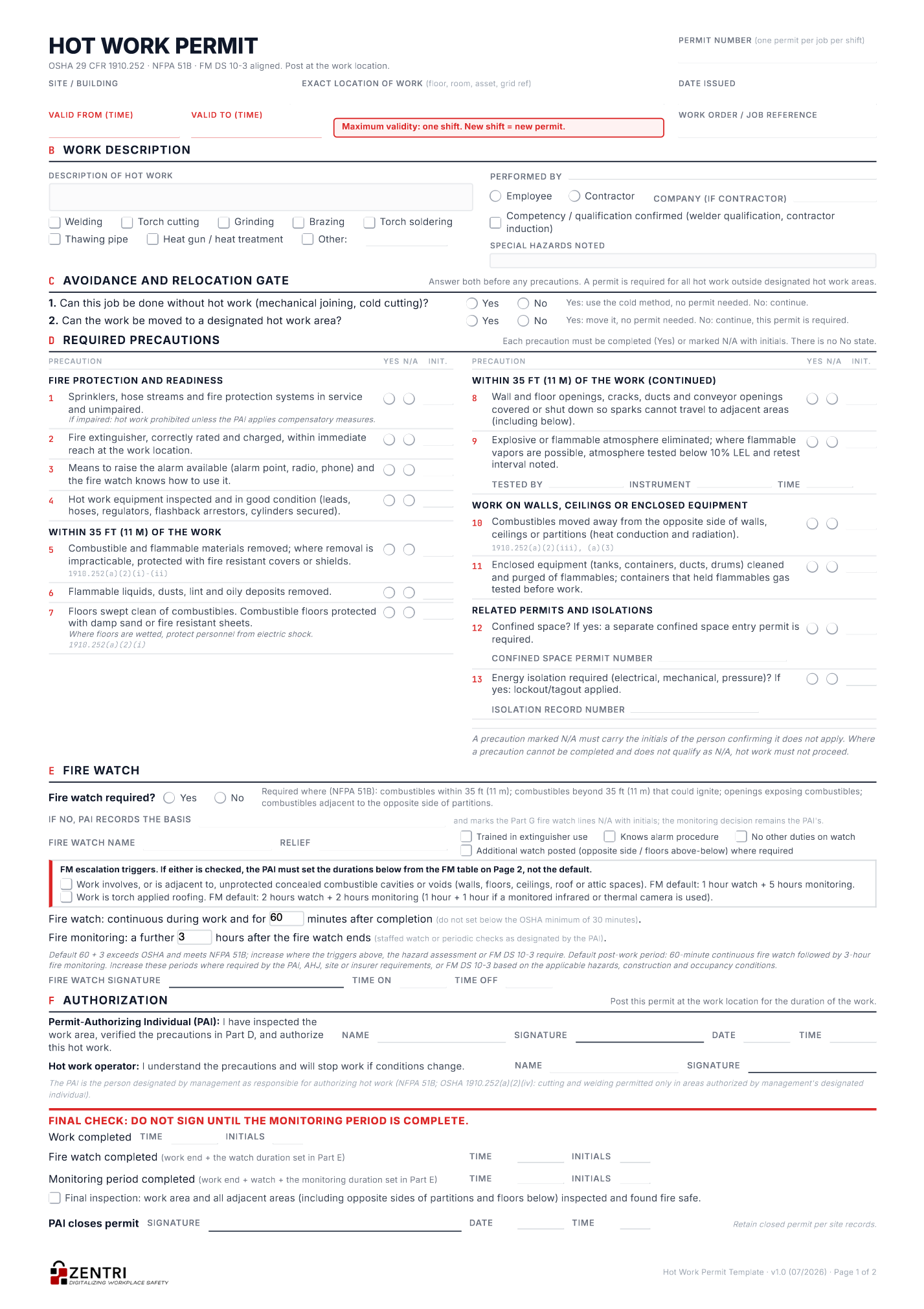 Hot work permit template, working page one