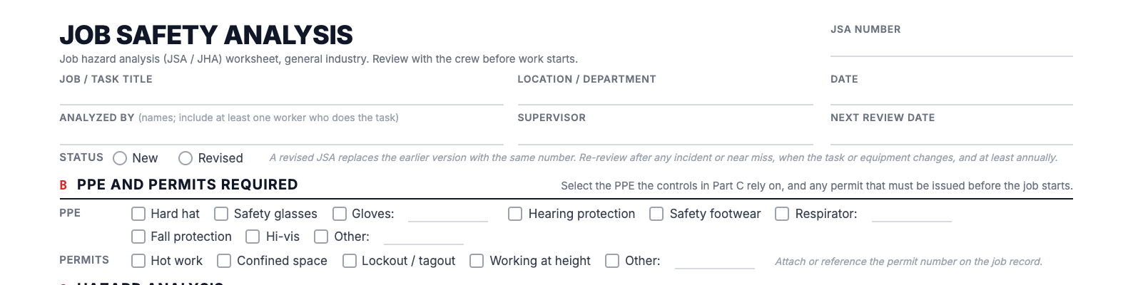 Parts A and B of the job safety analysis worksheet