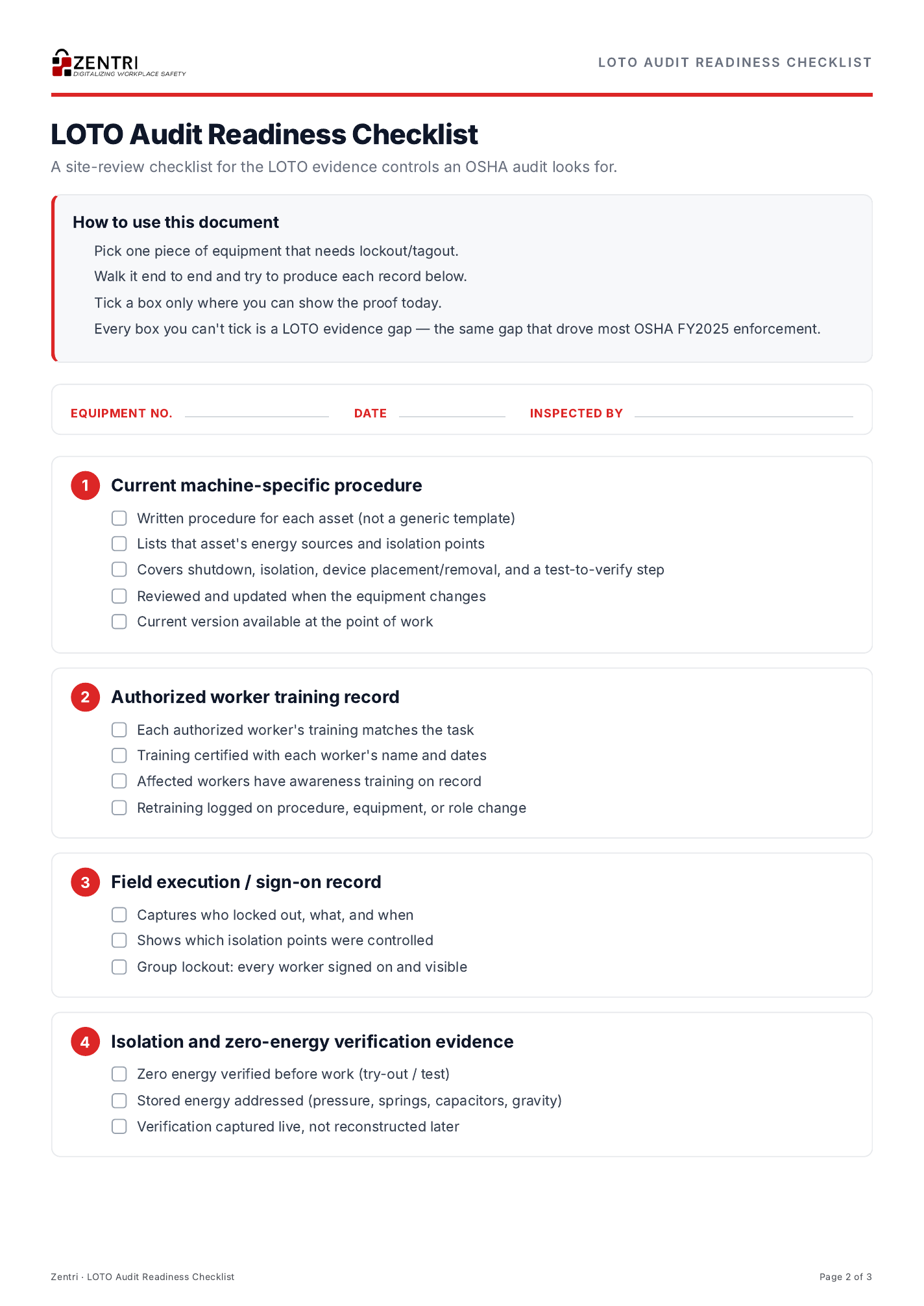 LOTO audit readiness checklist, evidence controls page one