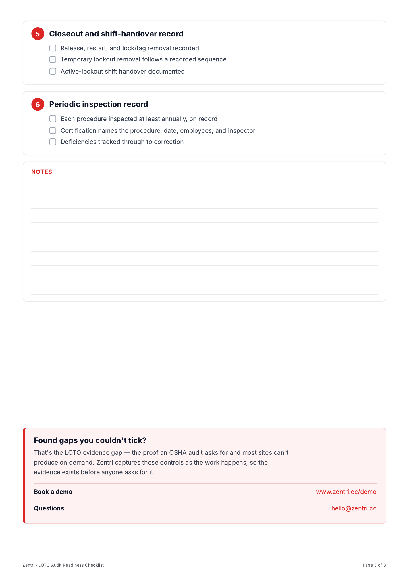 LOTO audit readiness checklist, evidence controls page two