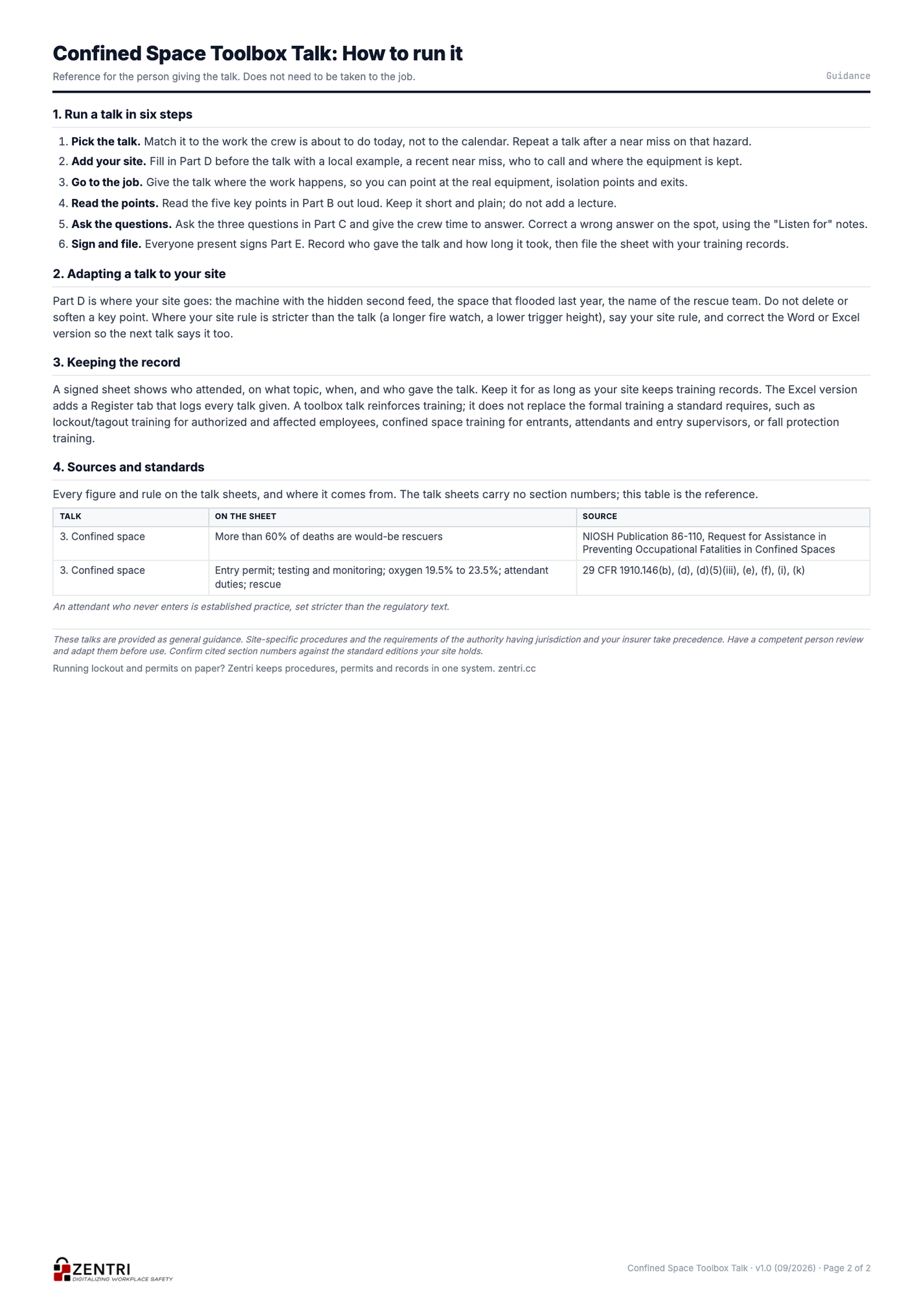 Confined Space toolbox talk guidance and sources page