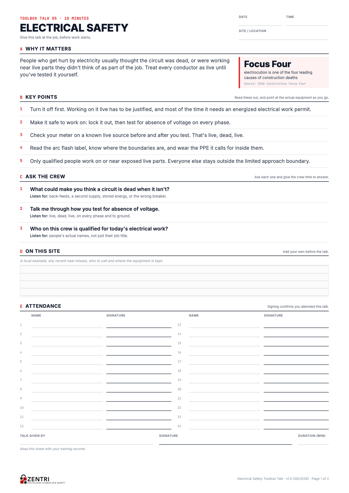 Electrical safety toolbox talk sheet