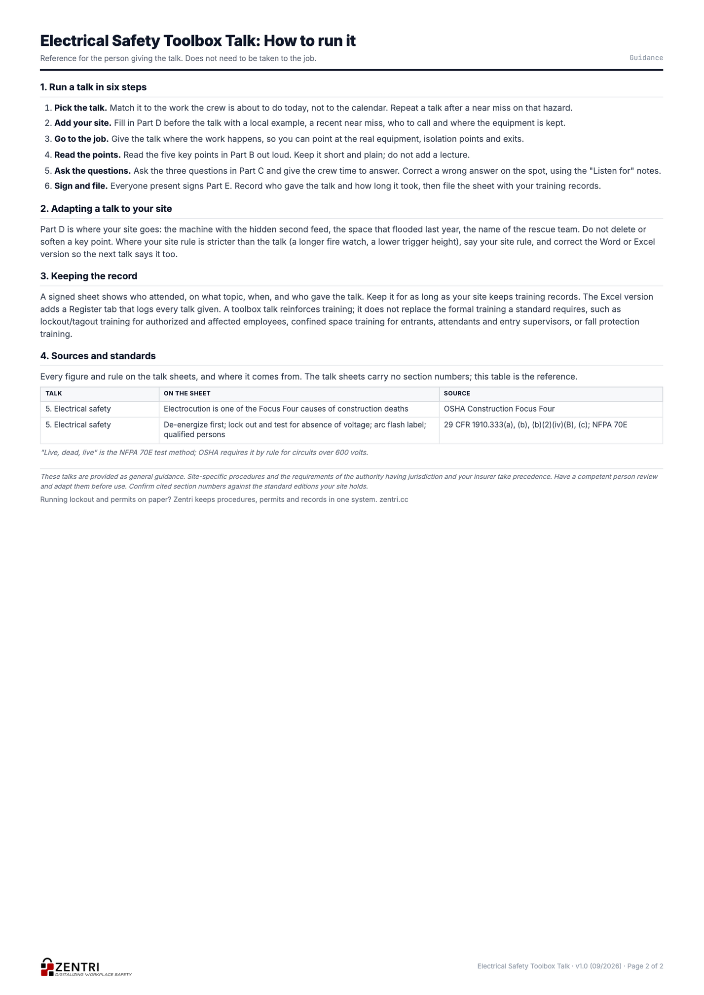 Electrical Safety toolbox talk guidance and sources page