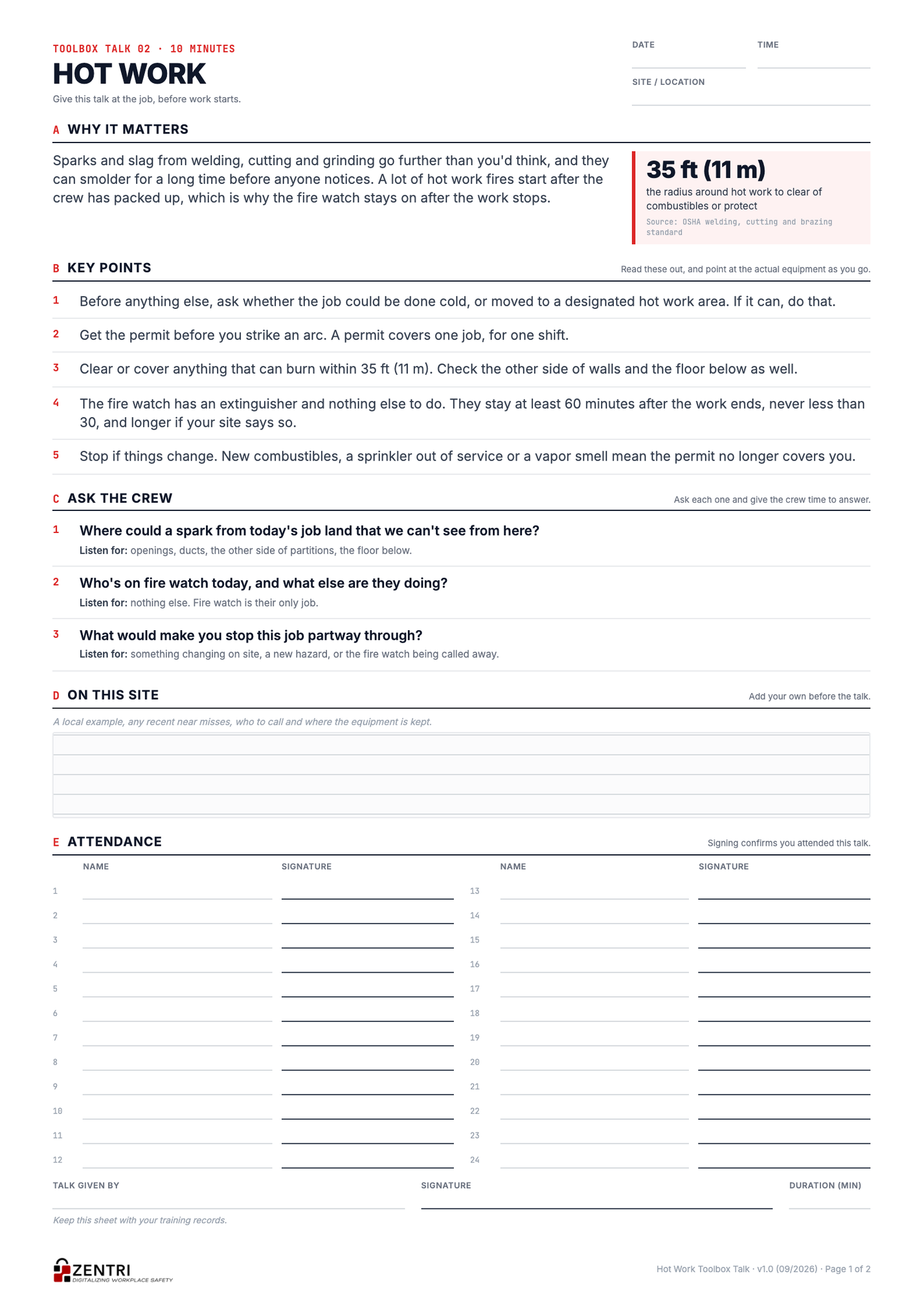Hot Work toolbox talk sheet