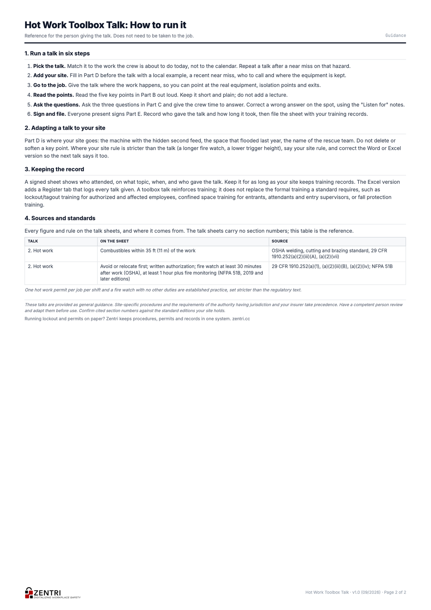 Hot Work toolbox talk guidance and sources page