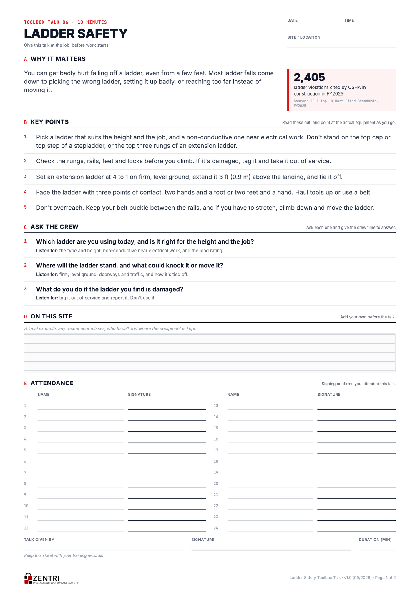 Ladder Safety toolbox talk sheet