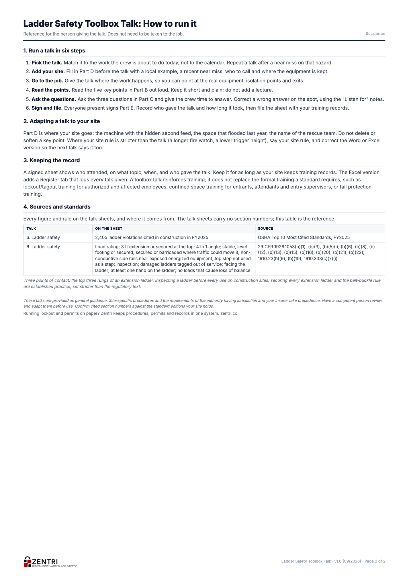 Ladder Safety toolbox talk guidance and sources page