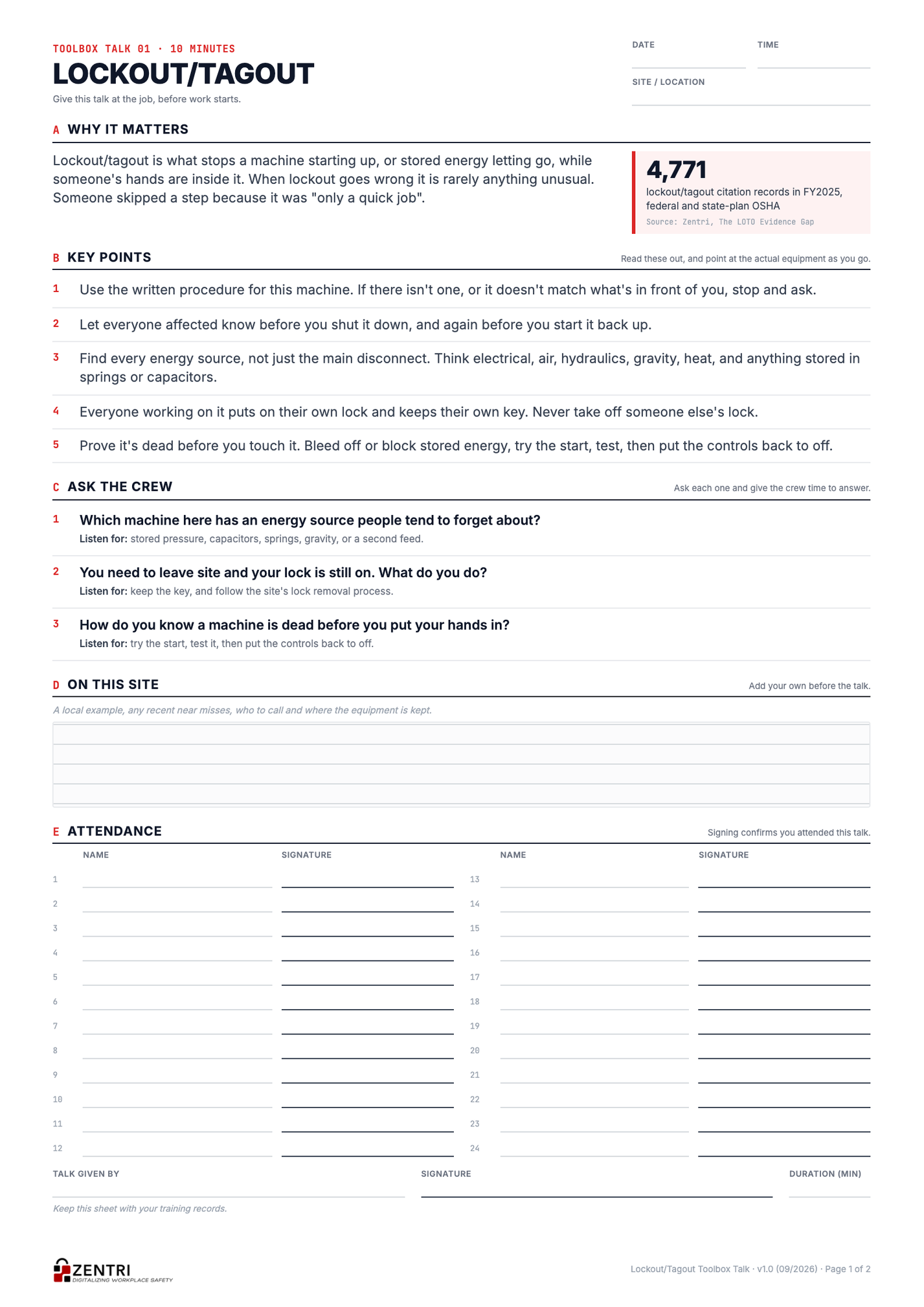 Lockout/tagout toolbox talk sheet