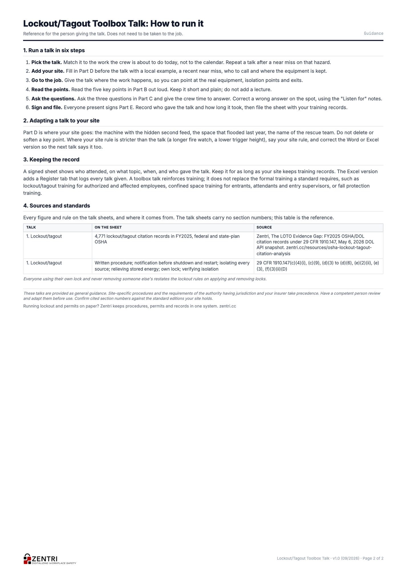 Lockout/Tagout toolbox talk guidance and sources page