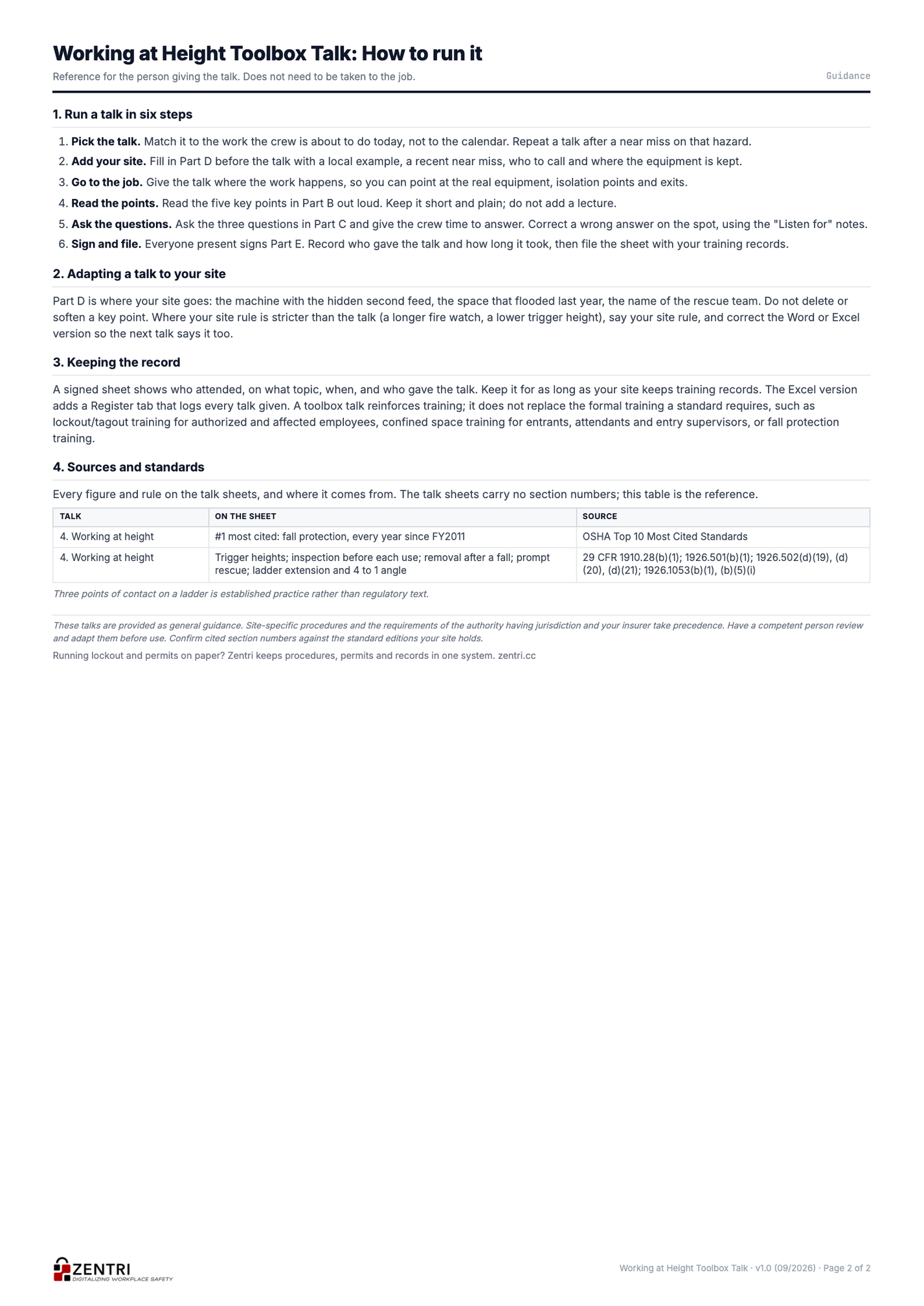Working at Height toolbox talk guidance and sources page