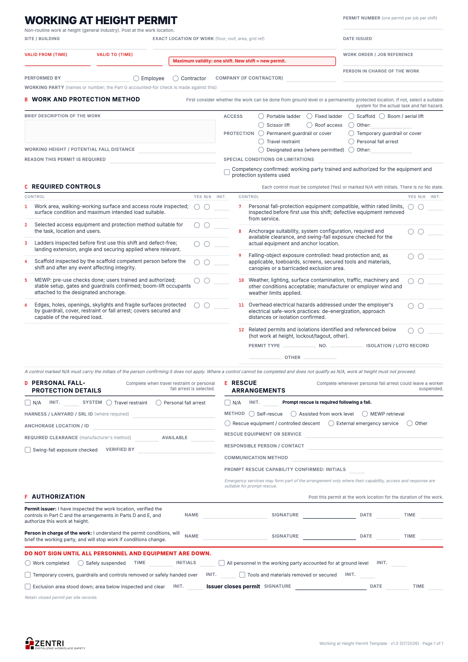 Working at height permit, page one