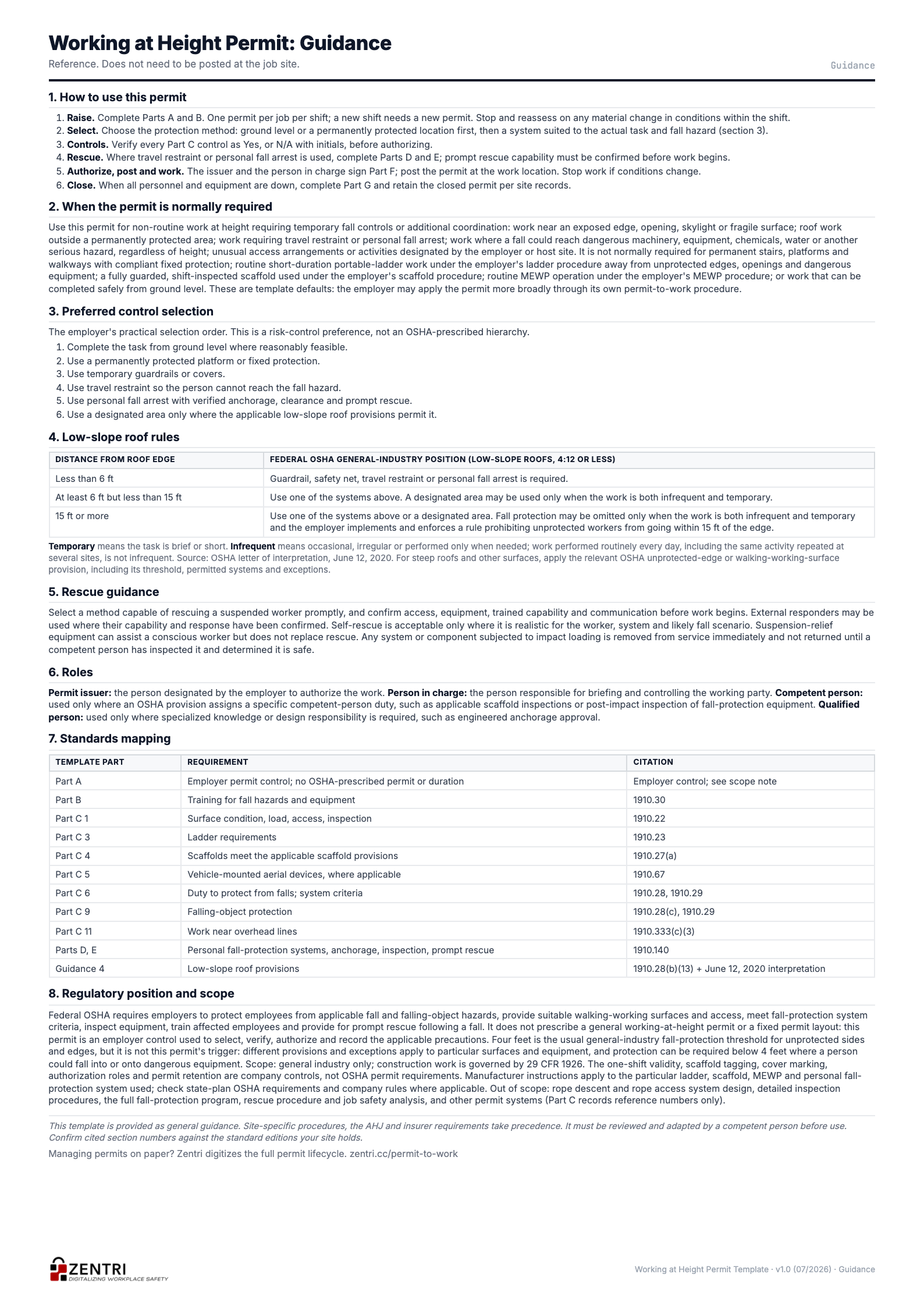 Working at height permit template, guidance sheet