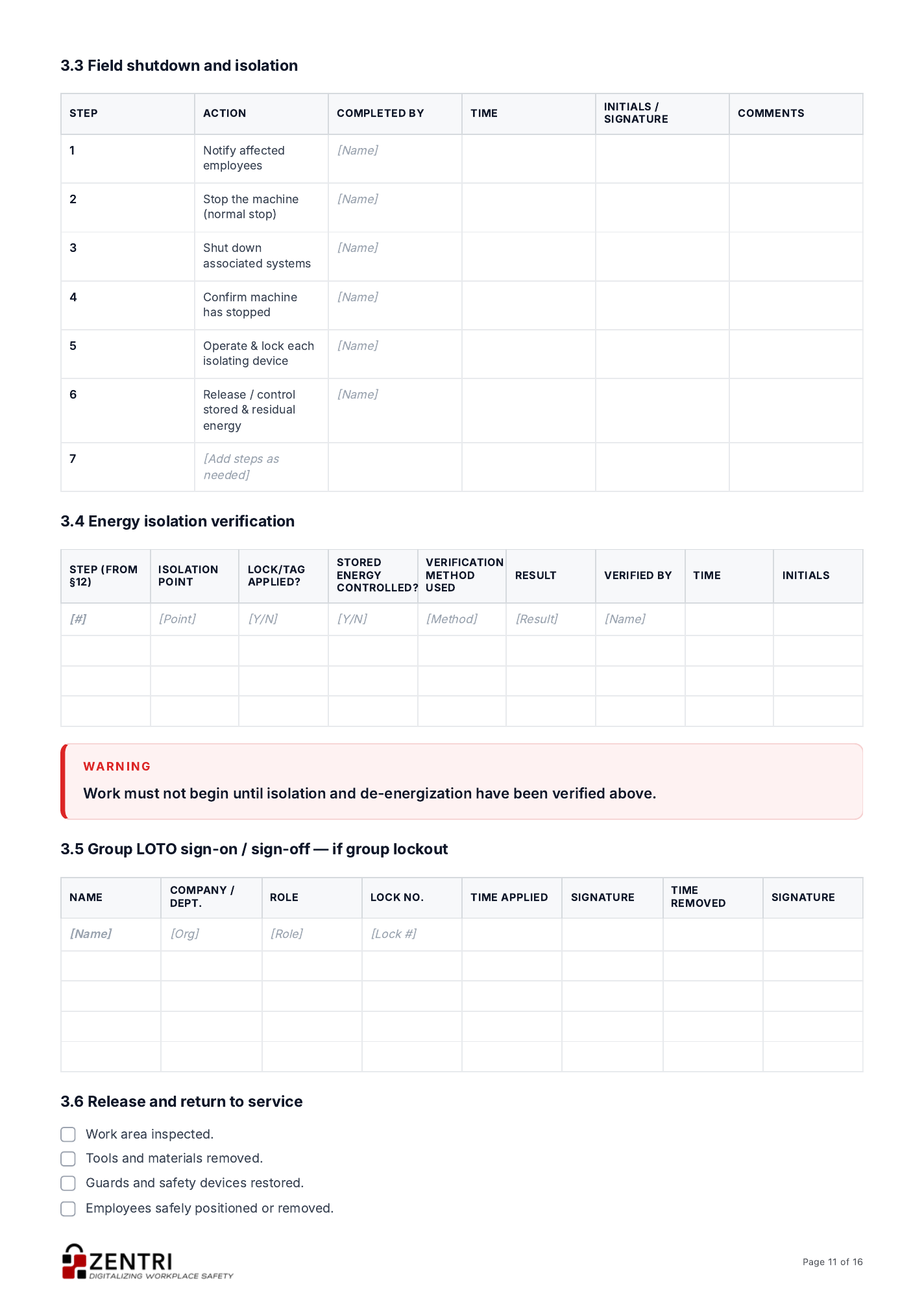 Lockout tagout procedure template, execution record page