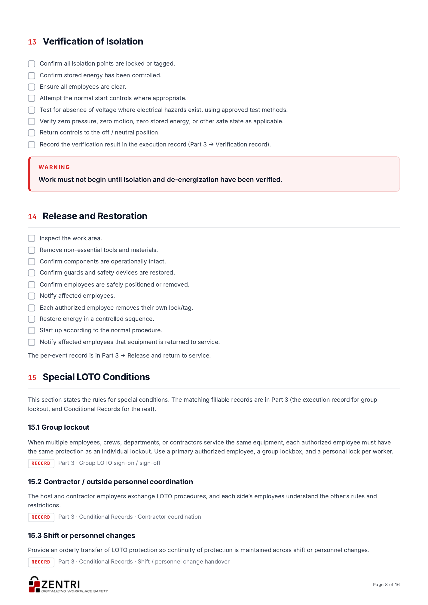 Lockout tagout procedure template, verification of isolation page